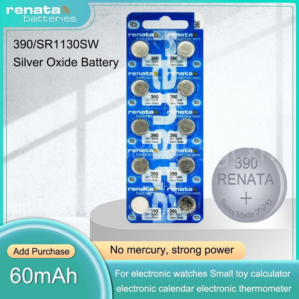 Renata Silver Oxide Battery, Button Cell, Watch, Calculator, Swiss Made, 100% Original, 390 SR1130SW, AG10, 389, LR54, LR1131, 1.55V