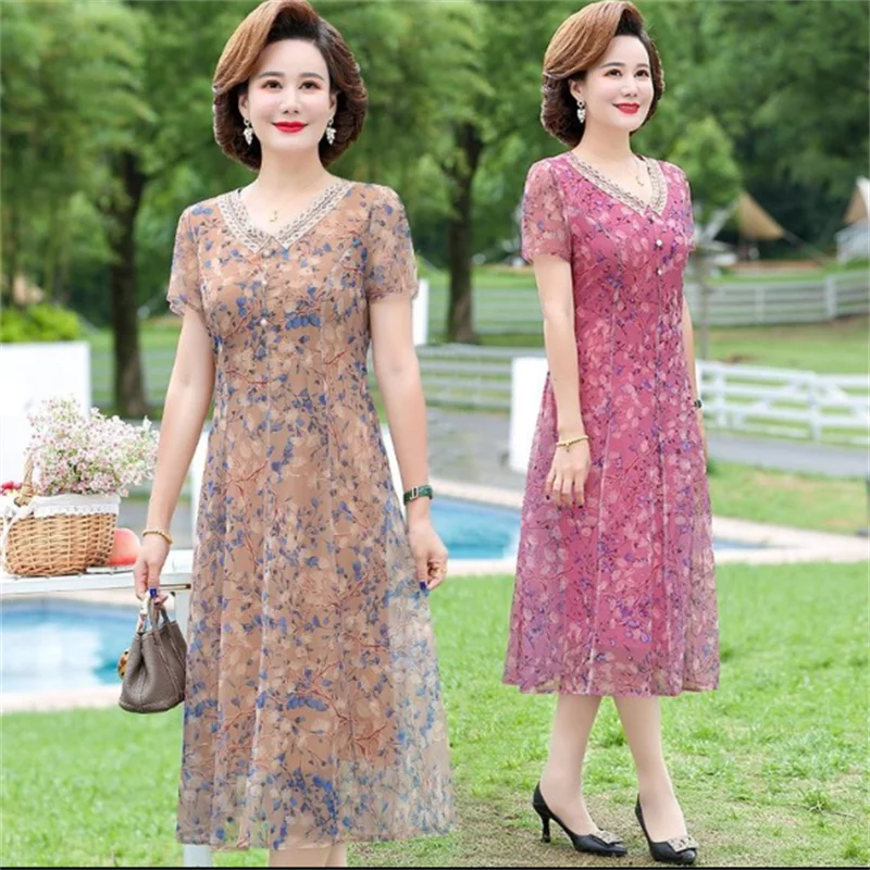 중년 여성 V 칼라 캐주얼 쉬폰 반팔 드레스, 여성 비치 드레스, 미디 드레스
