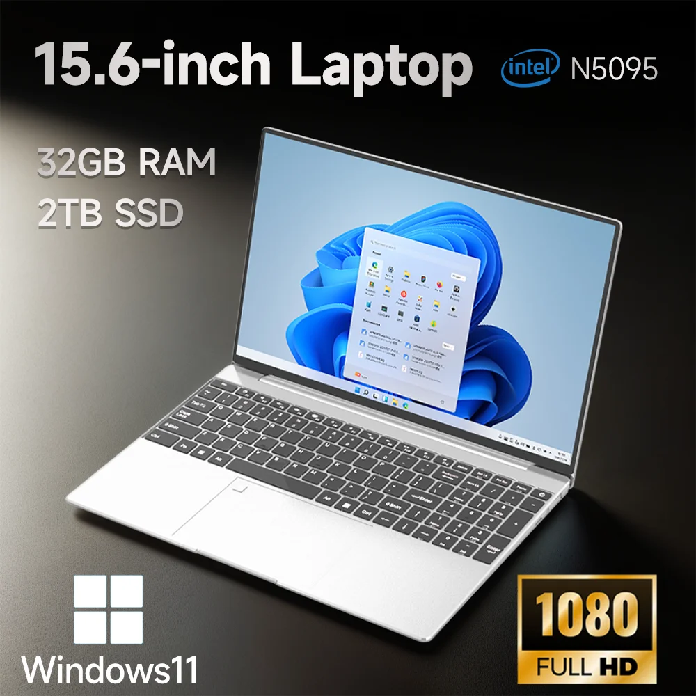 15.6-inch Laptop Windows 11 32GB RAM DDR4 2TB SSD Intel N5095 Full HD Office PC with Backlight Fingerprint Laptop Macbook Air