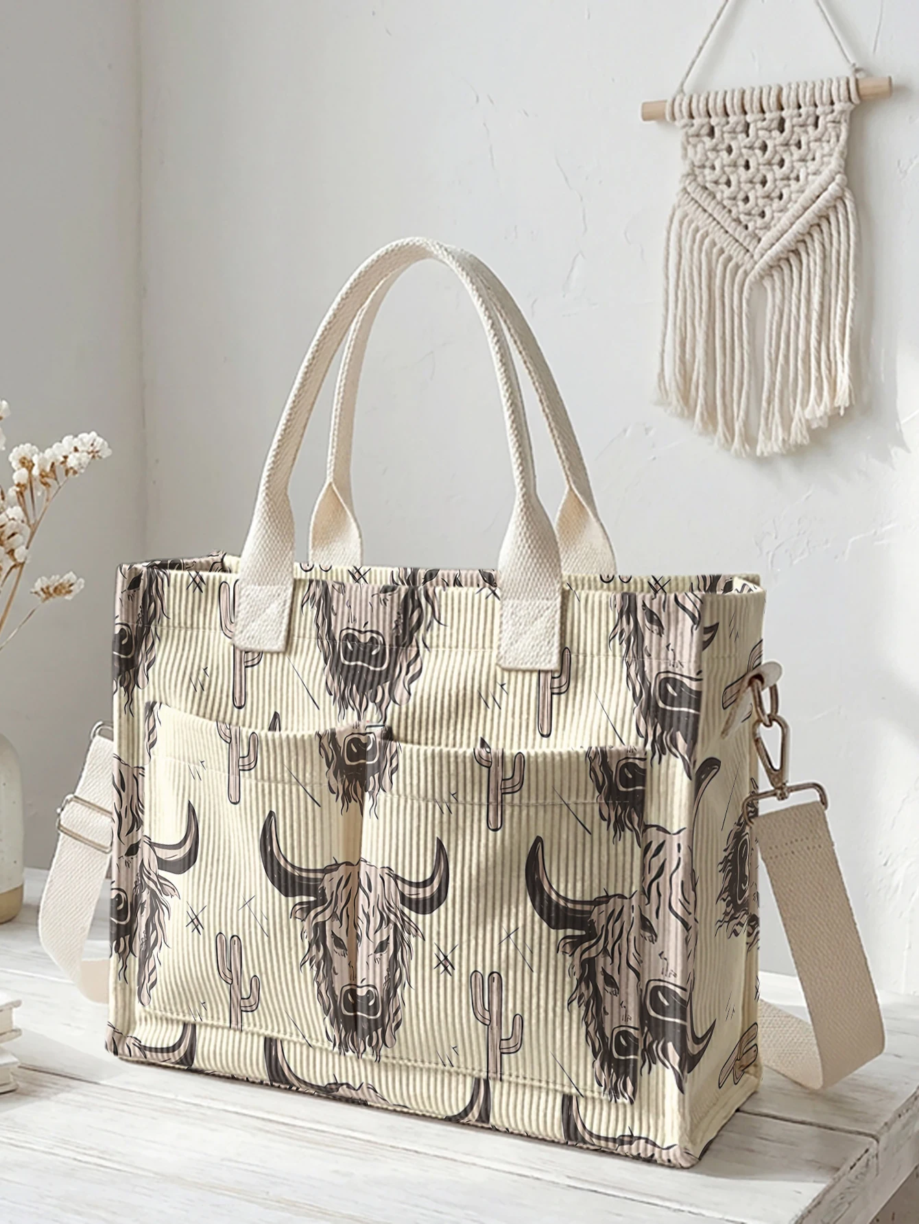 

Вельветовая сумка-тоут с принтом «Высокогорная корова и кактус», большая вместительная сумка через плечо с несколькими карманами для женщин, повседневная сумка для работы и поездок