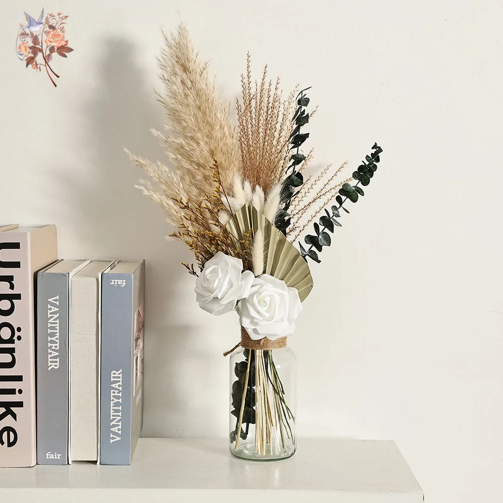 

Nature Dried Reeds Eucalyptus Artificial Flowers Bouquet Mix Rose Office Study Desk Ornament Real Palm Leaf Boho Chic Home Decor