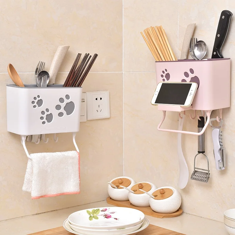 

Household no-hole bear claw chopsticks cage Kitchen wall hanging chopsticks cage Hollow drain tableware spoon storage box