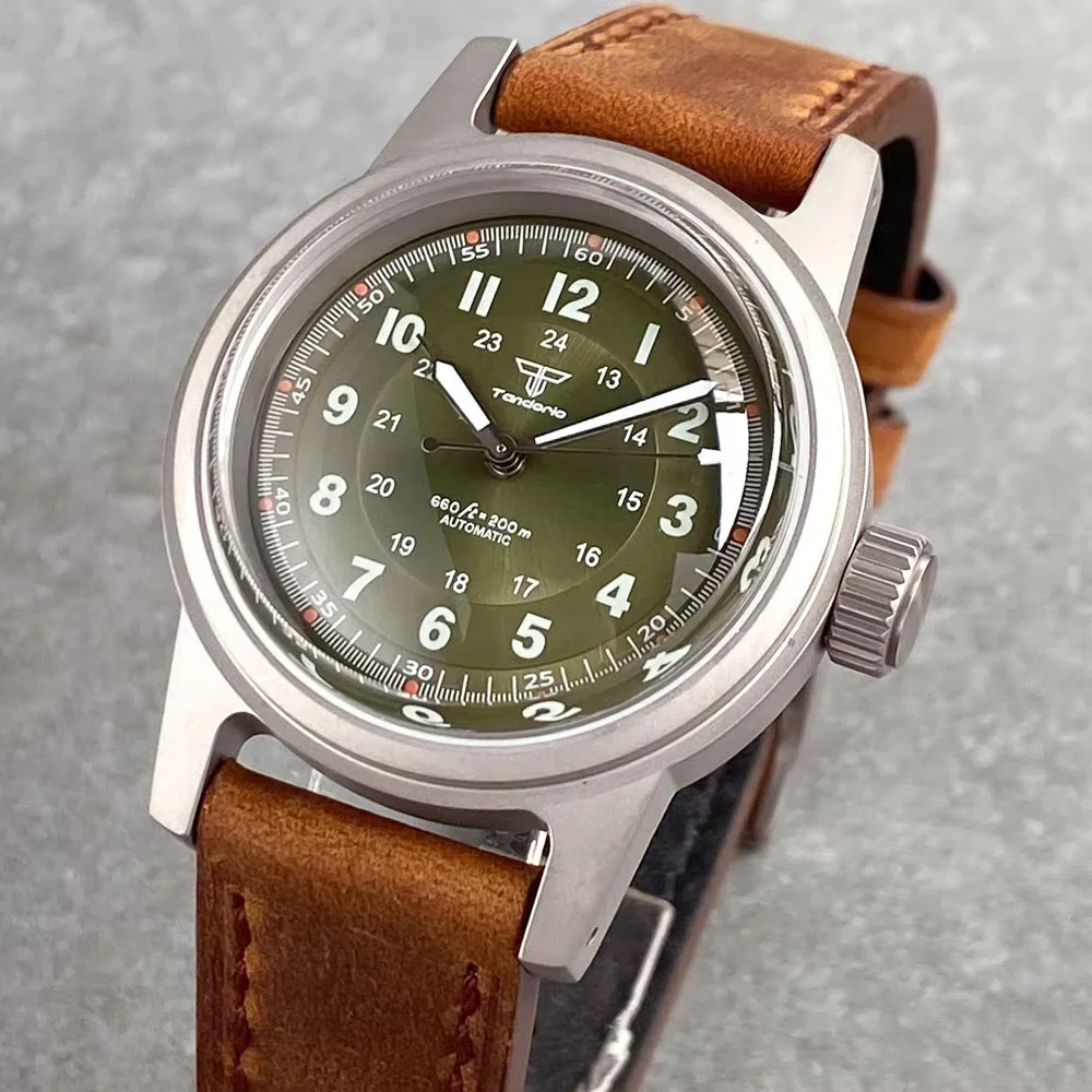 36mm Military Automatic Watch Men Miyota 8215/Asia 2824 Domed Sapphire Crystal Vintage Dial Leather Band Small Crown 20ATM view 4