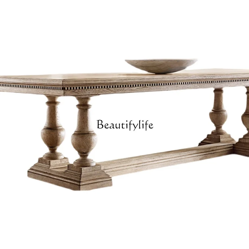 

*American country solid wood old country French long table retro carved multi-person rectangle