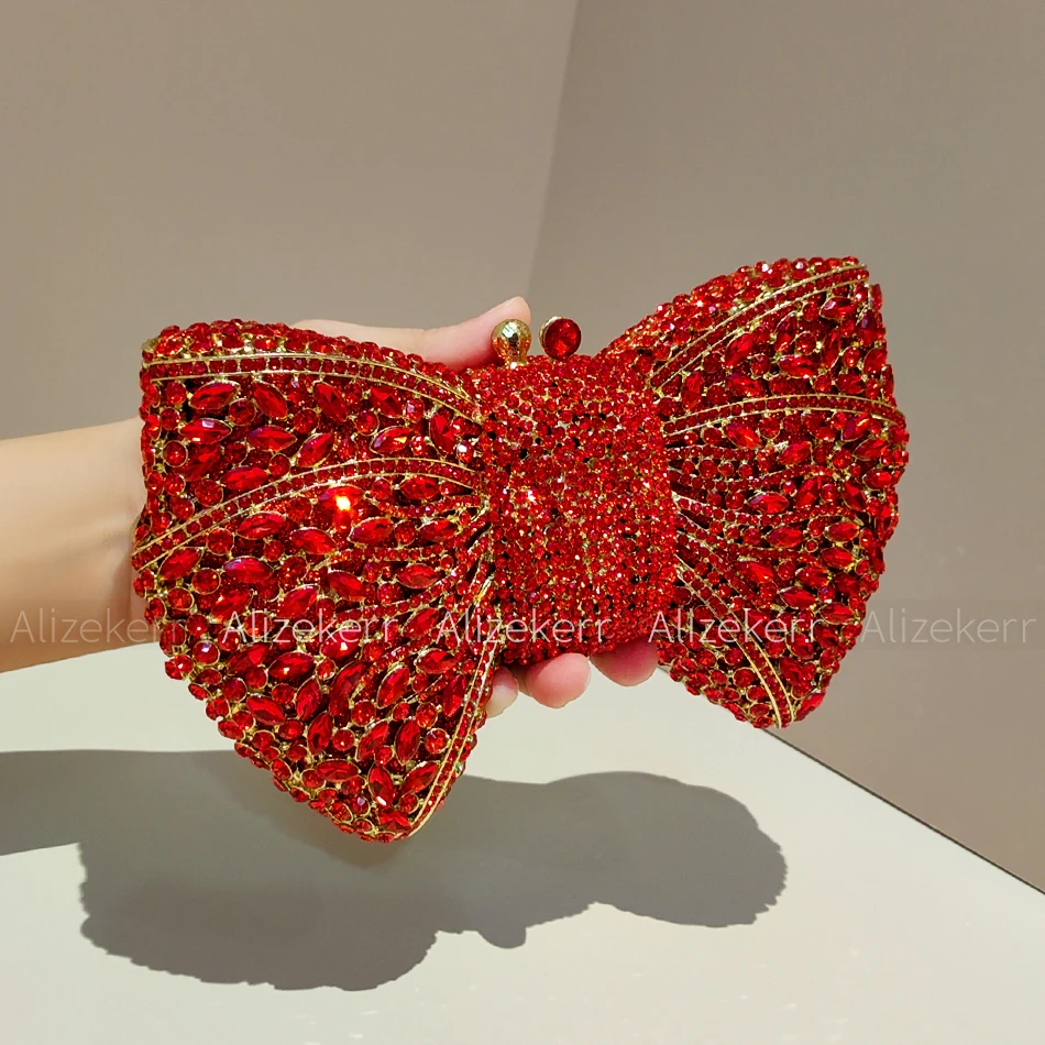 Alizekerr Rhinestone Bow Evening Bags Women Boutique Gorgeous Classy Sparkling Diamond Clutch Purses And Handbags Wedding Party