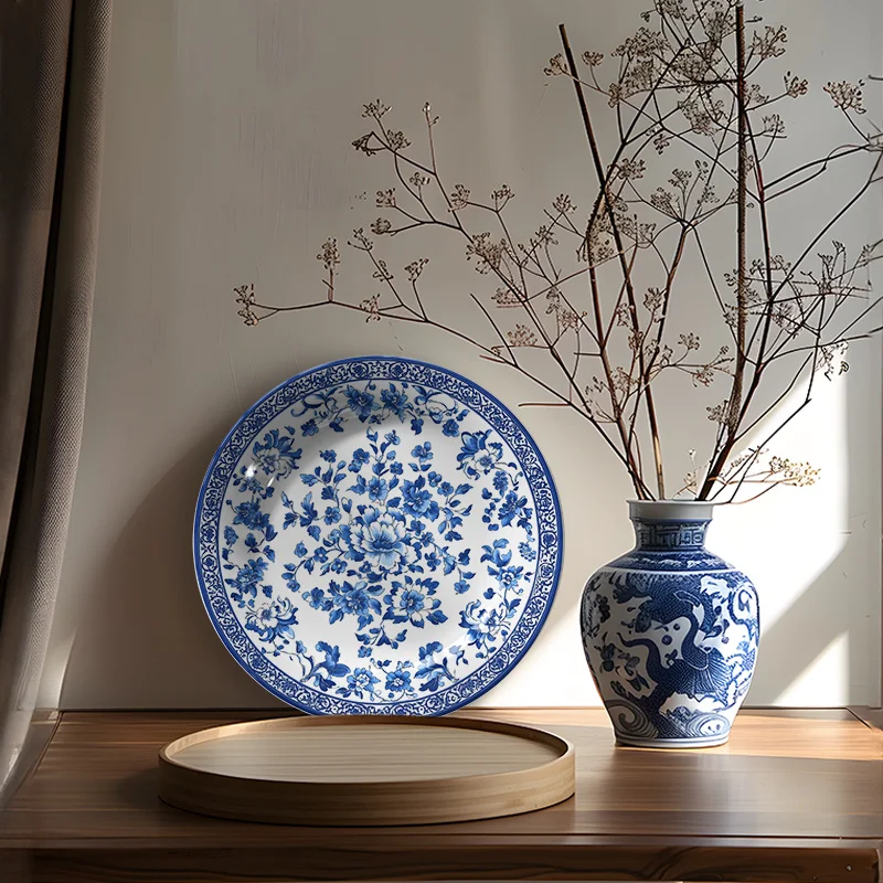 1pc Hand-Painted Blue White Chinese Ceramic Plate - Vintage European Round Decorative Plate with Blue and White Floral Pattern,