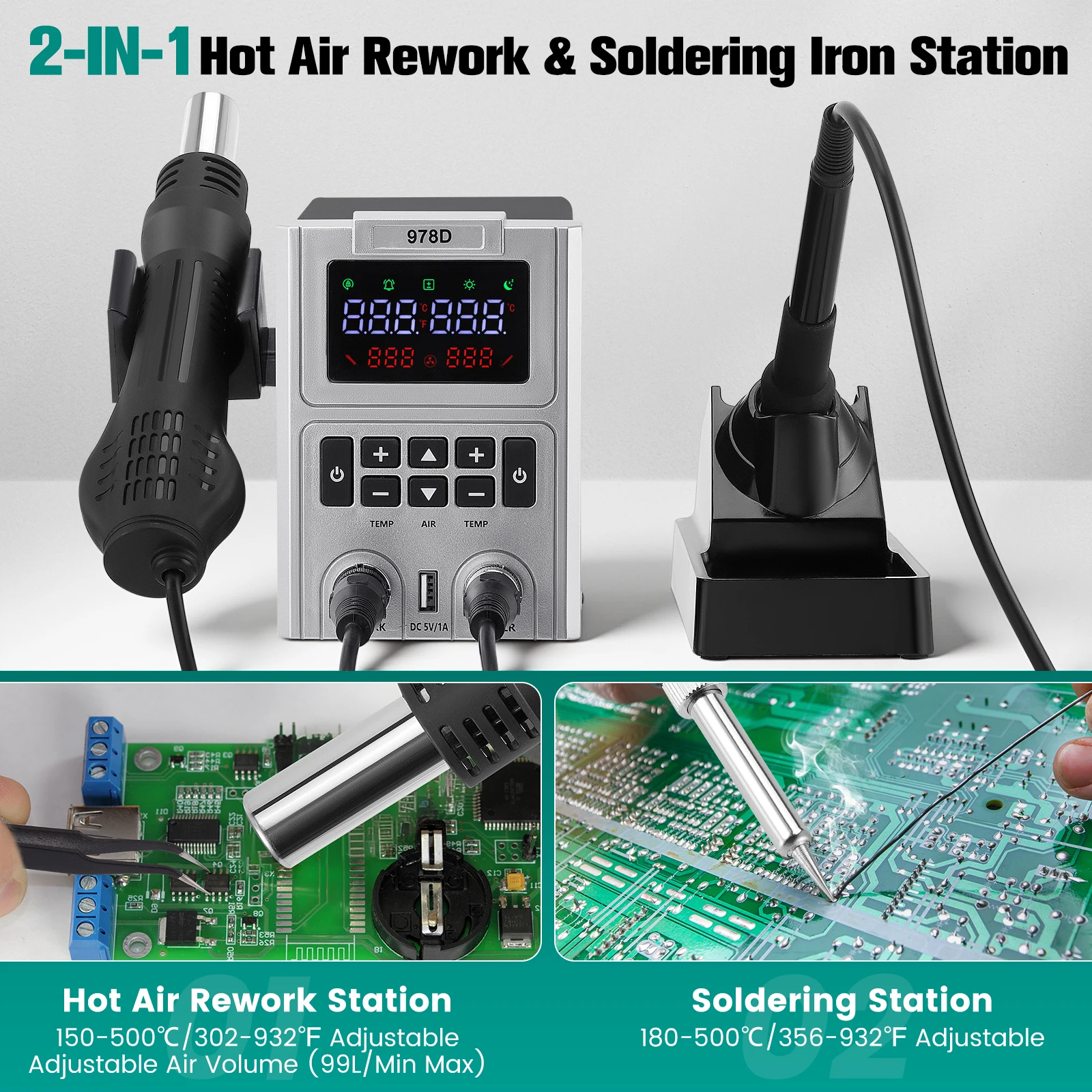 Stazione di saldatura e dissaldatura 2in1 ad aria calda 600W con display LED e temperatura regolabile 150-500 ° Flusso d'aria per elettronica, fai-da-te, riparazione PCB, smontaggio chip