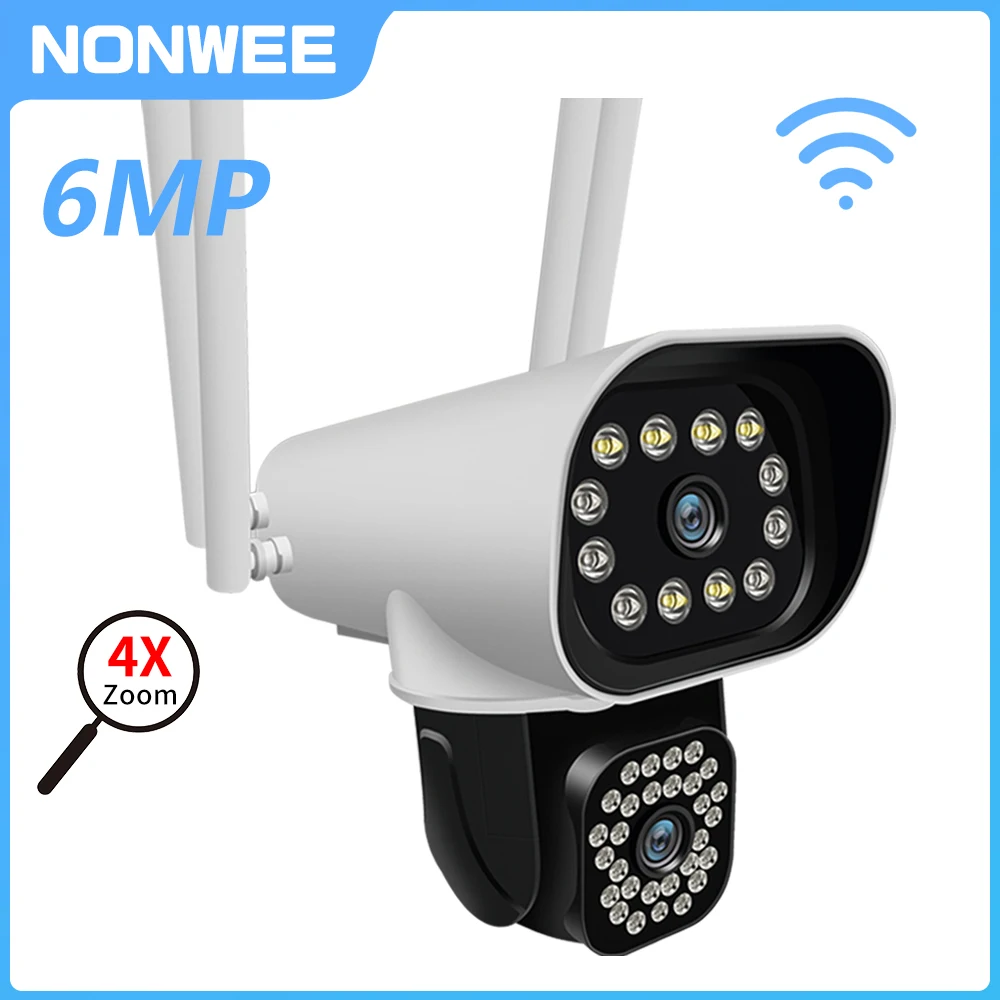 6MP WIFI Security Camera Dual Lens PTZ Outdoor CCTV Surveillance Camera Dual Screen Video Record Auto Tracking iCam365