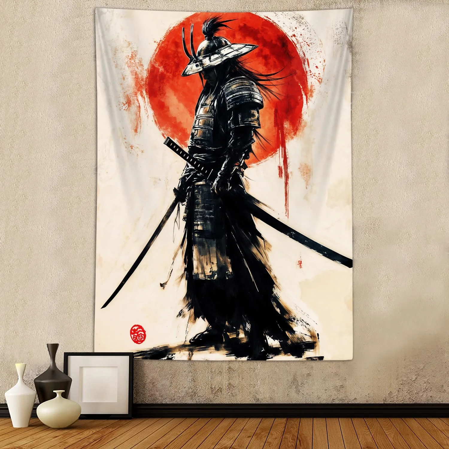 VIKAMA Anime Japanese Samurai Tapestry Ukiyo-e Red Sun Male Dormitory Bedroom Wall Hanging Decorative Home Accessory