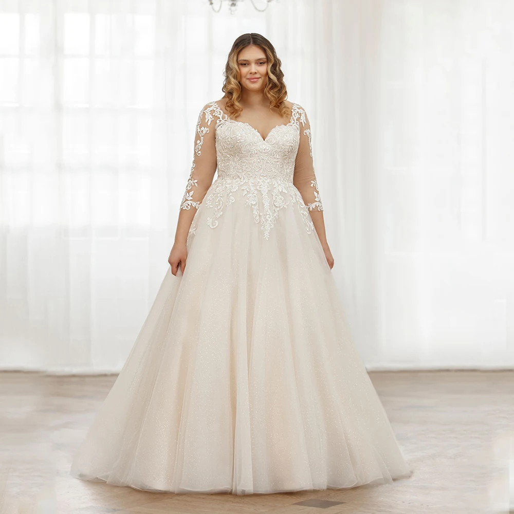 Abiti da sposa classici per la sposa scollo a v 3/4 maniche abiti da sposa Appliques a-line Sweep Train Tulle Vestido De Noiva Plus Size