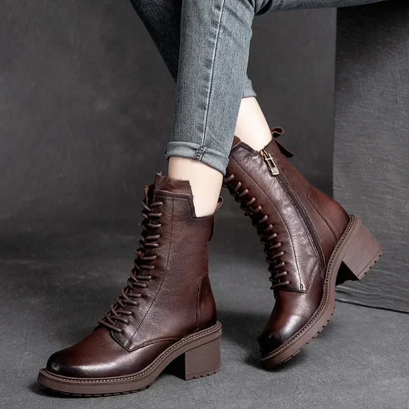 Koznoy 6 cm vintage etnische zip-platform enkel motorfiets echt leer lente herfst Britse stijl laarzen vrouw hoge hak schoenen