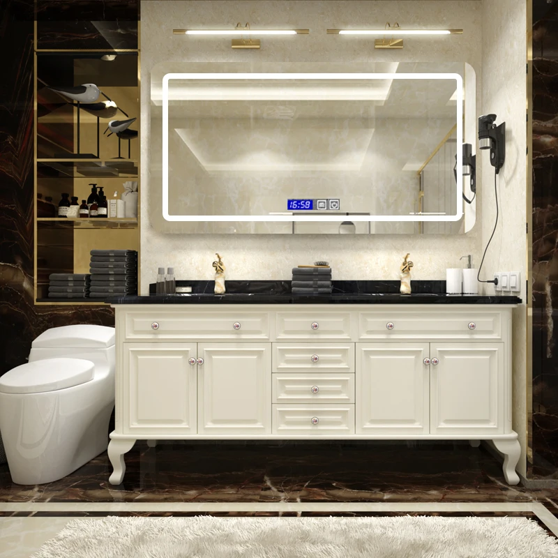American Bathroom Cabinet with Marble Top Oak Floor Wash Basin Pool European Double Basin Solid Wood Wash Basin Bathroom Cabinet