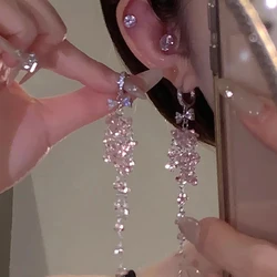 WLP Exquisite Sweet Pink Rhinestone Bow Tassel Drop Earrings for Women Vintage Korean Fashion Light Luxury Earring Party Jewelry
