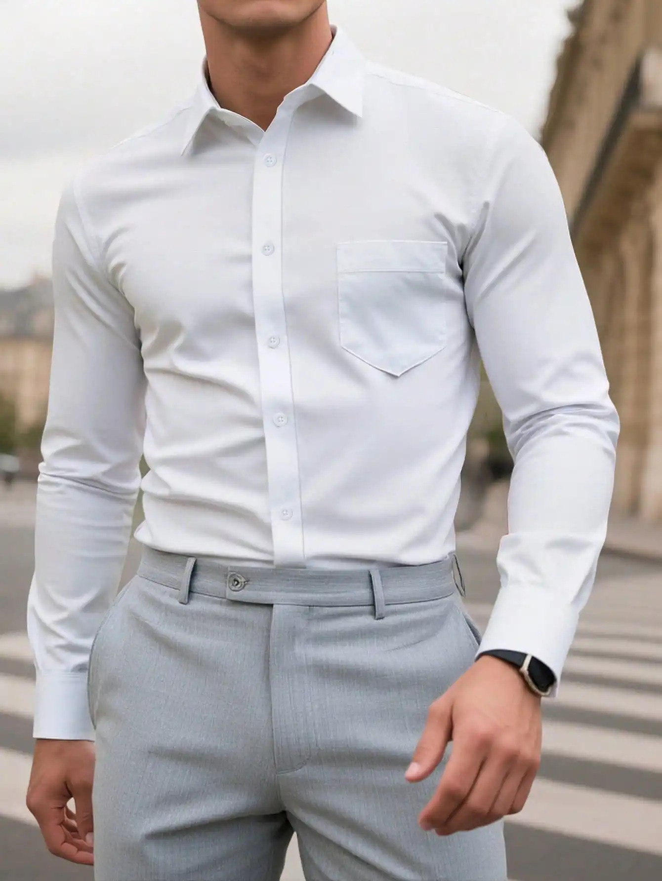 

Men's Solid White Long Sleeve Button-Up Shirt with Chest Pocket, Business Casual Style
