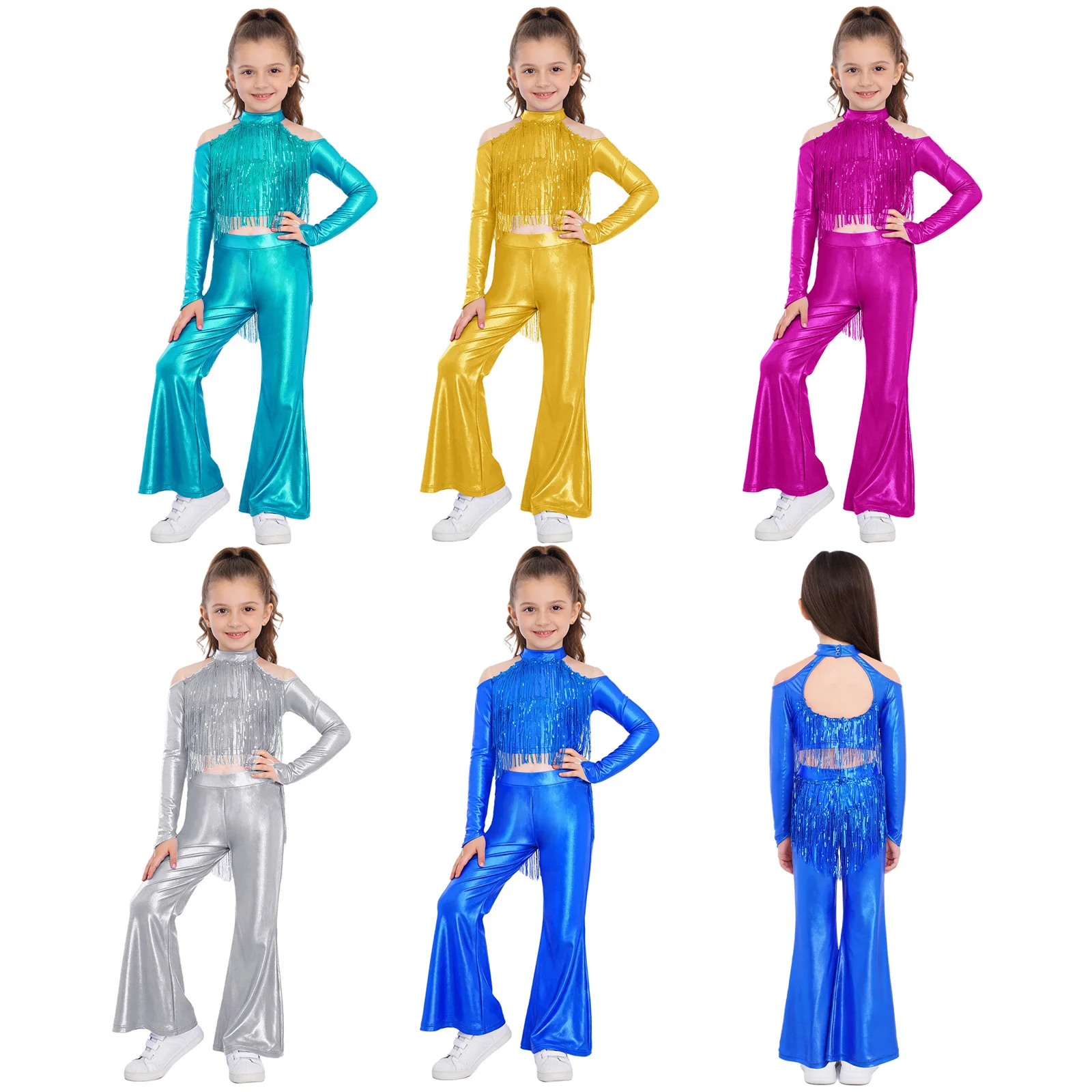 fantasia-infantil-feminina-de-danca-disco-jazz-para-apresentacao-estilo-princesa-de-personagem-de-filme-com-top-cropped-metalico-de-franjas-e-lantejoulas-e-calcas-boca-de-sino