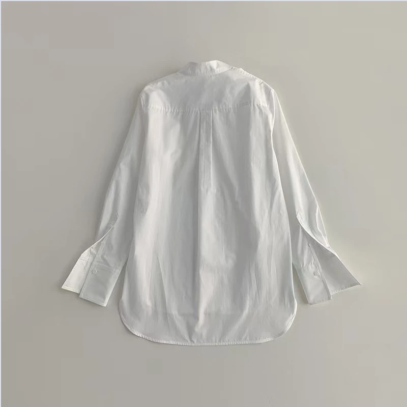 Spring and Autumn Minimally Folded Collar with Long Sleeve silhouette, Loose and Versatile, Long Sleeve Buckle White Shirt