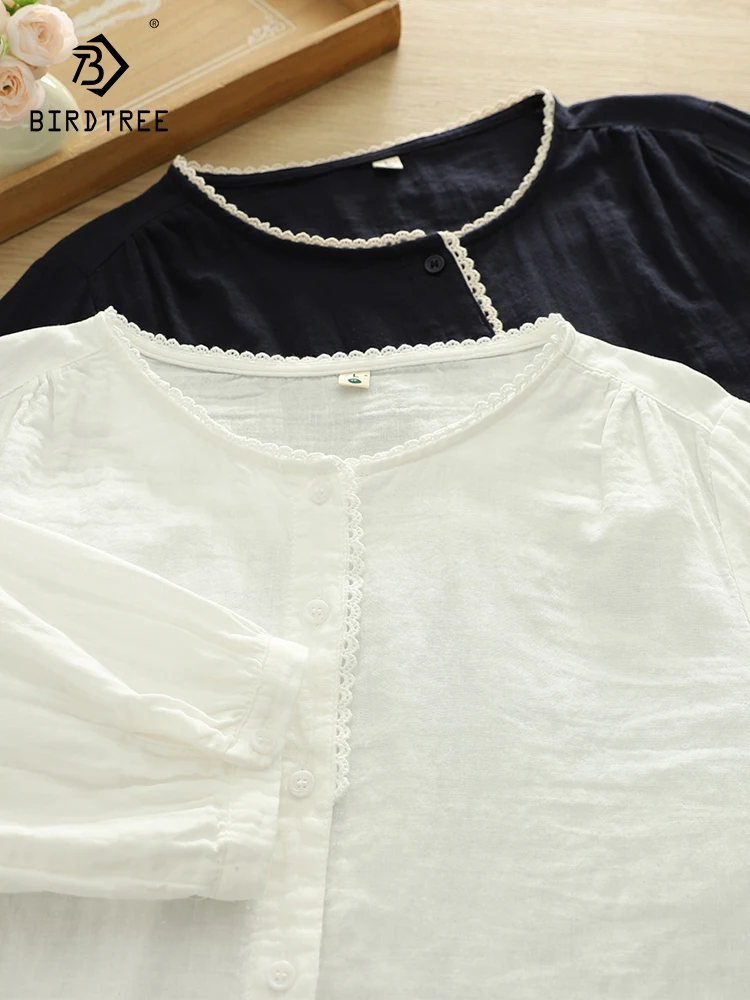

New 2025 Summer Cotton Yarn 3/4 Sleeve Shirt, Women O Neck Lace Patchwork, Mori Girl Soft OL Simplicity Loose Blouse T54339CC