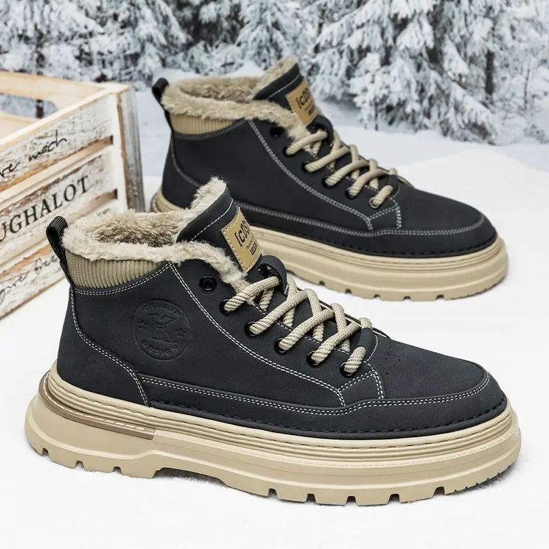 

Lace Up Winter Shoes Man Platform High Top Snow Boots for Men British Style Cotton Shoe Sale Brands Fleece Warm Cold Proof Fur