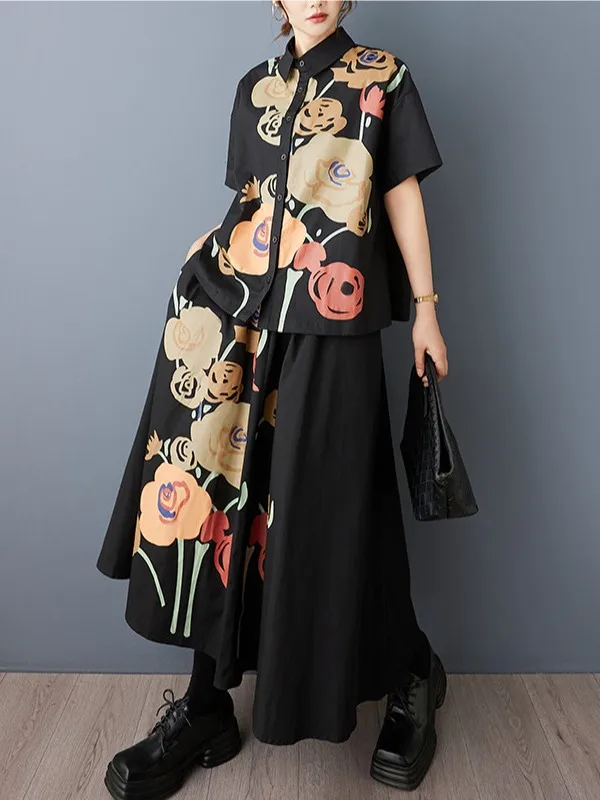 

Новый женский повседневный комплект 2025 года: рубашка и юбка с принтом, хлопковый, с коротким рукавом, воротником и пуговицами, из двух предметов
