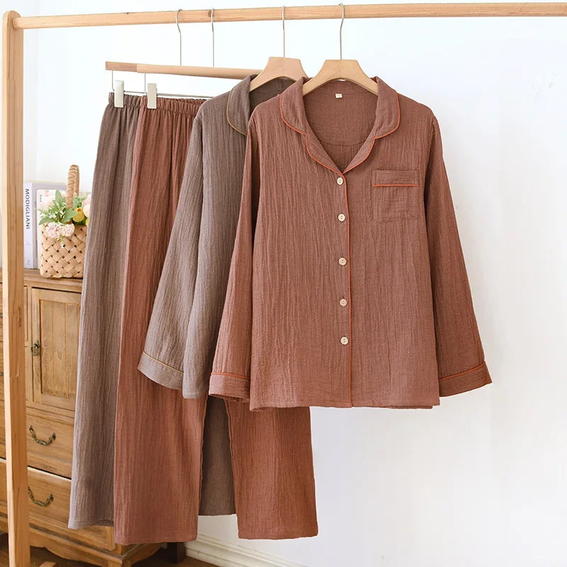 

Women's Spring Cotton Gauze Soft Comfortable Pajamas Sets Japanese Style Autumn V- Neck Long Sleeved Shirt Home Top + Pants
