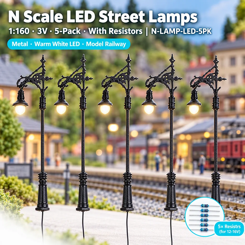 5PCS N Scale Model Railway Street Lamp 1:160 LED Light 65mm Metal Lantern with Resistors 3V 20mA for Train Layout Scenery