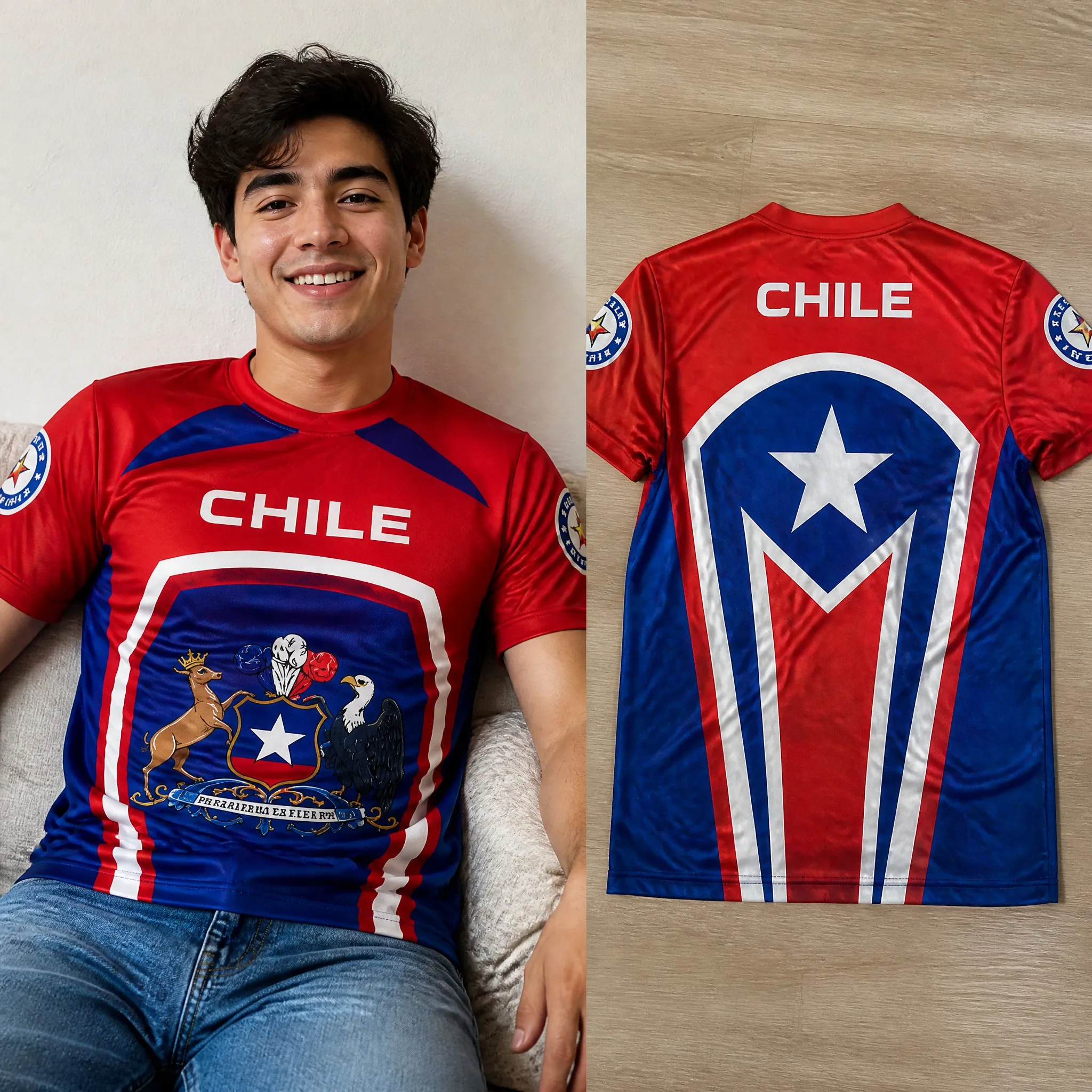 Mens Crewneck T Shirt Chile Crest Star Graphic Short Sleeve Casual Flag Style Tee Red Blue Shield Emblem Sport Top Heritage Look