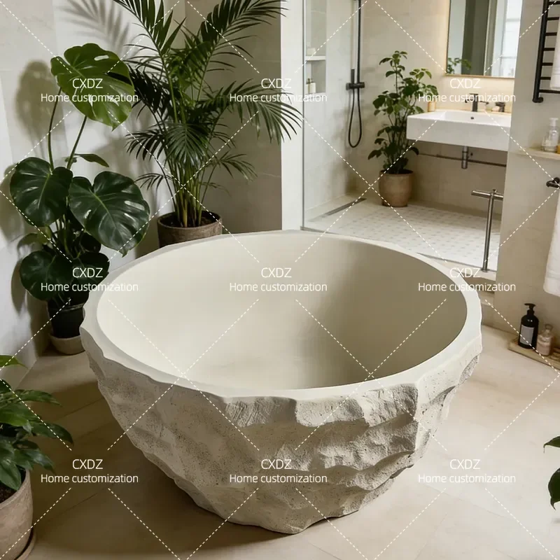 Wabi Sabi Style Round Double Bathtub Natural Travertine Granular Texture Creative Art Bath Villa Hotel B&B Independent Design