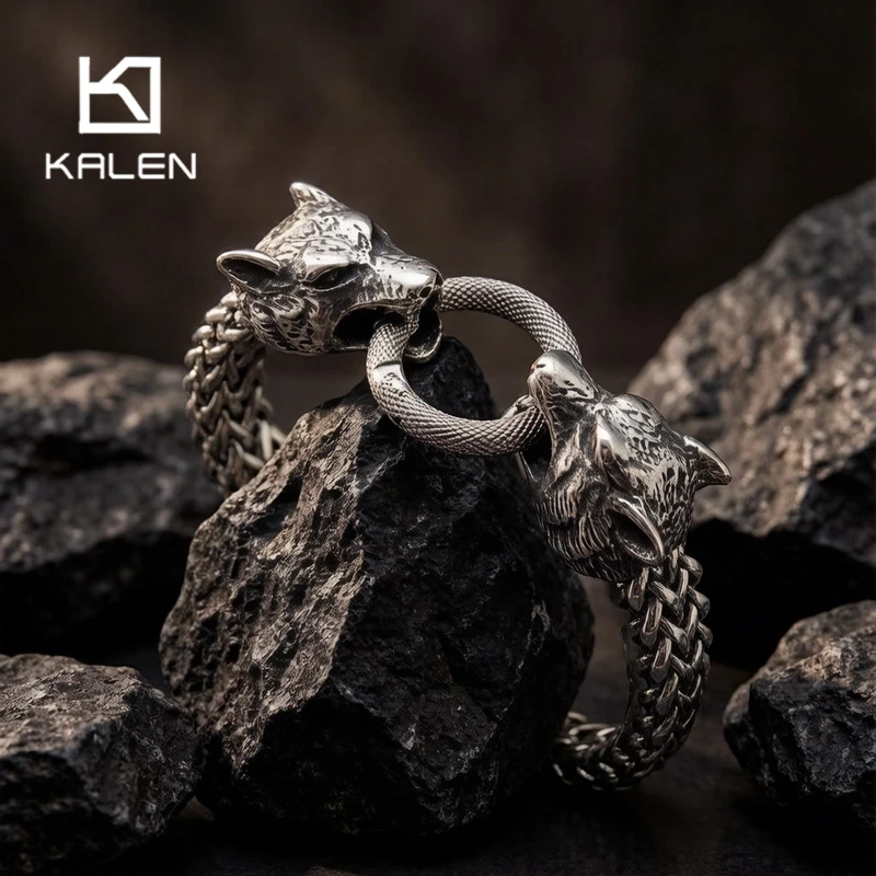Kalen Gothic Stainless Steel Double Wolf Head Bracelet for Men Punk Animal Charm Biker Party Jewelry Heavy Accessory Gift