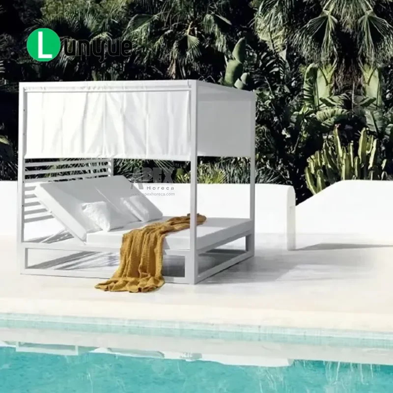 Aluminum Frame Outdoor Sun Bed Lounger with Nordic White Canopy Garden Furniture for Hotel Swimming Pool Patio Sofa Bed