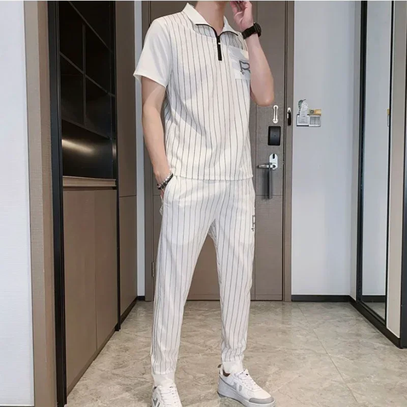 Sports Suits Sweatshirt Male T Shirt Stripe Tracksuit High Quality Pants Sets Sweatpants Top White Clothes for Men Jogging Chic