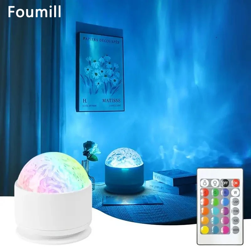 Foumill 1pc USB Powered Water Ripple Projector Color Changing LED Night Light with Remote for Bedroom Living Room Party Decor