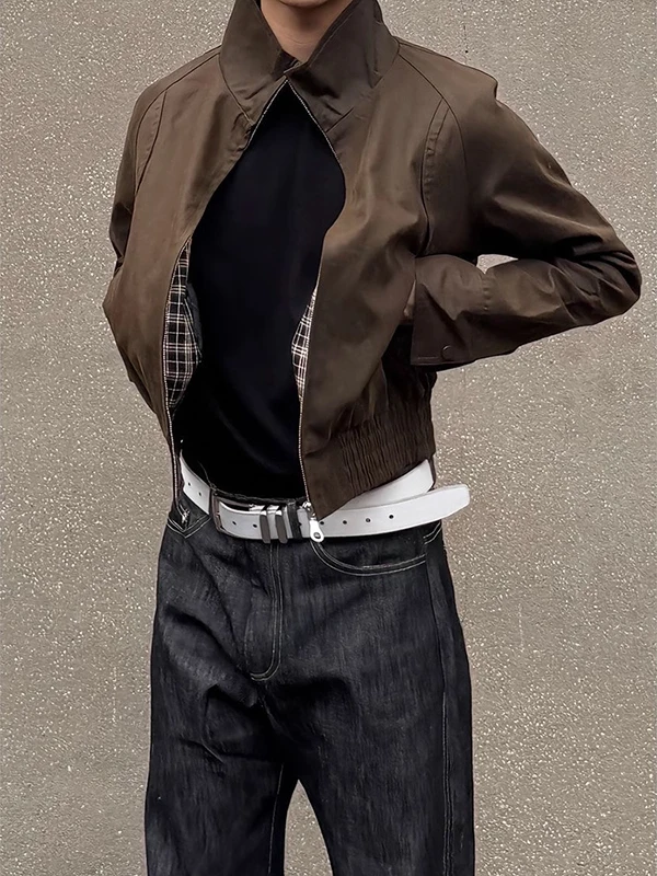 

American Retro Plaid Splicing Brown ort Jaet Stand Collar ex Autumn High Sensation Workwear Zipper Closure No Hat