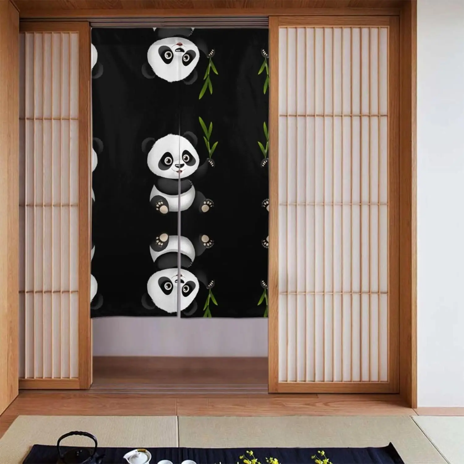 Cartoon Panda Noren Curtain, Adorable Panda Bear & Bamboo Leaves Pattern, Waterproof Washable Japanese Style Curtain for Home