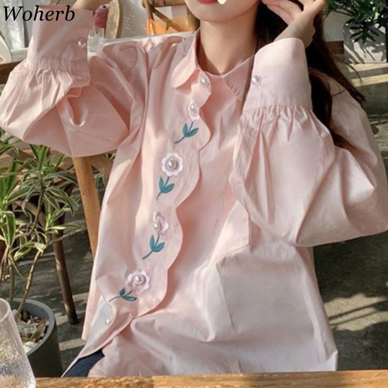 Autumn New Pocket Blouse Women 2024 Blusas Mujer De Moda Puff Sleeve Loose Shirts Embroidery Flower Vintage Korean Blouses Tops