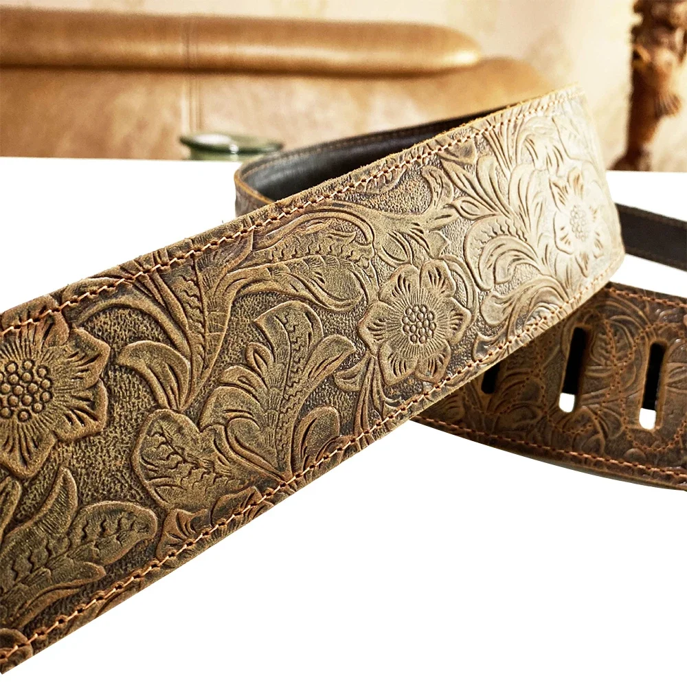 Master Handmade Cowhide Leather Guitar Strap Pattern Embossed Retro Folk Acoustic Guitar Electric Bass Belt Music Accessories