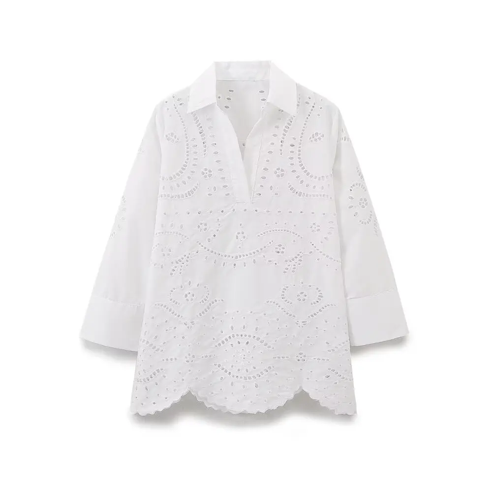 Tangada Women White Hollow Embroidery Cotton Shirt 2024 Female Blouse Tops 6H0274