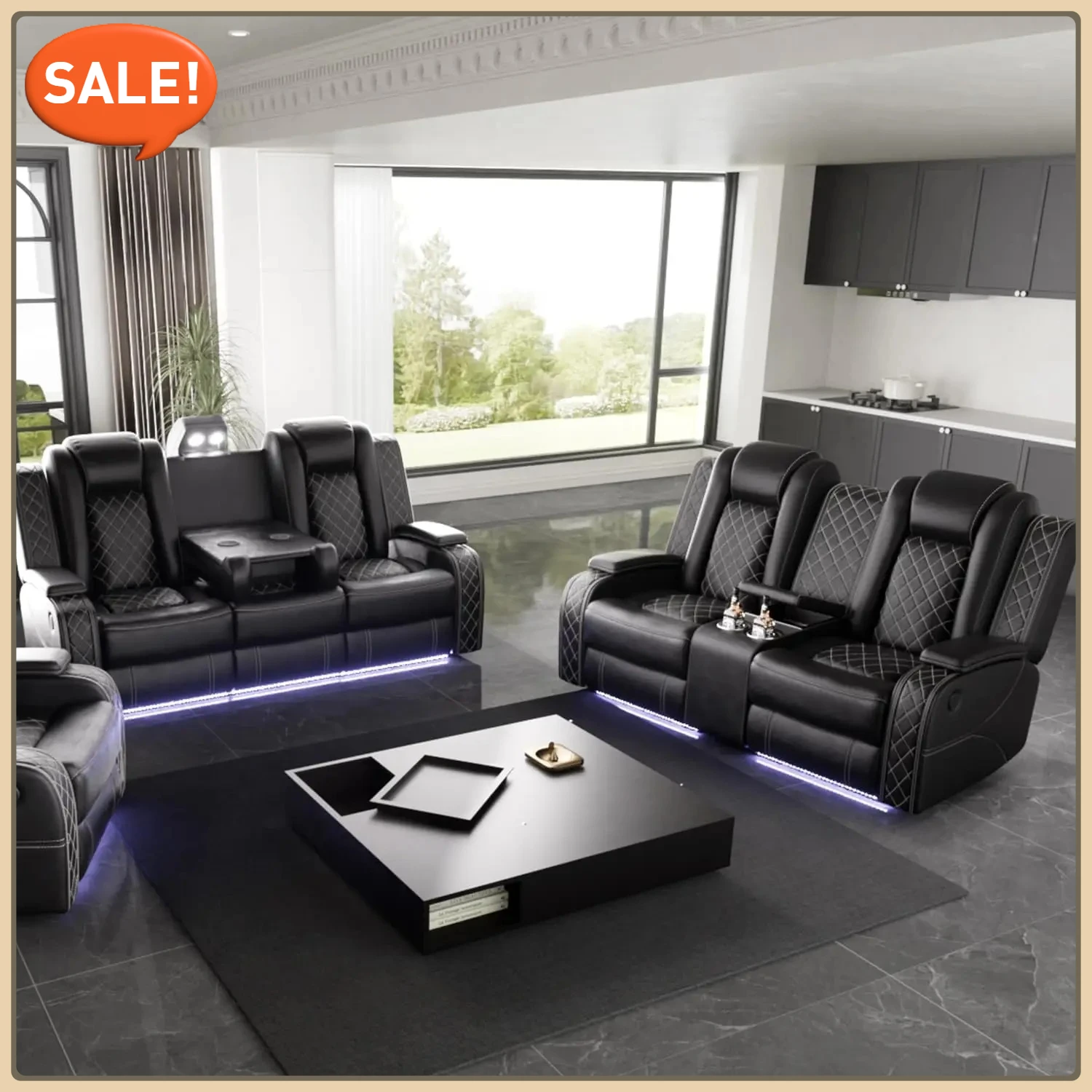 Leather Power Recliner Sofa Set with LED Lighting 1