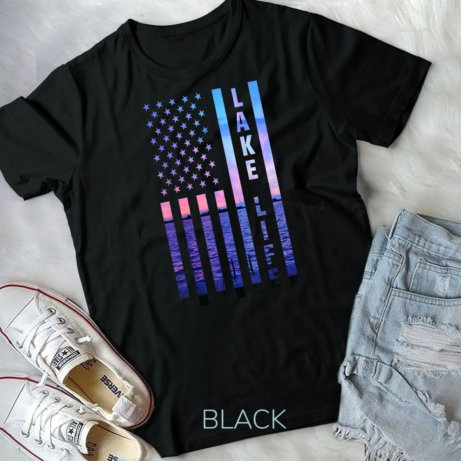 Lake Life American Flag Dock Sunset Wakeboarder Power Boat Unisex T-shirt