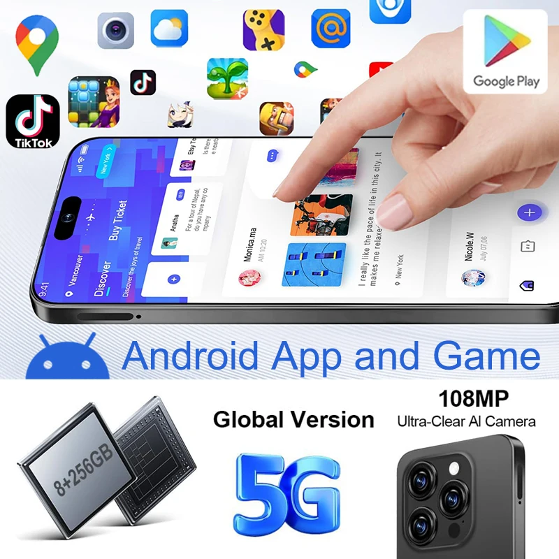 هاتف i16 Pro Max الذكي ومجموعة بطاقات TF سعة 64 جيجابايت لنظام Android، هاتف محمول FHD مقاس 6.99 بوصة، 8+256 جيجابايت Wifi GPS Goodplay Store App بشريحتين #4