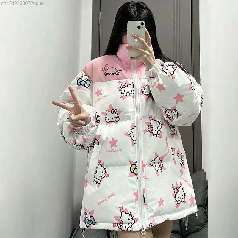 Casaco estrela rosa Hello Kitty para mulheres, jaquetas de algodão acolchoadas, top com zíper Harajuku, camisas fofas, roupas da moda Y2K, outono e inverno