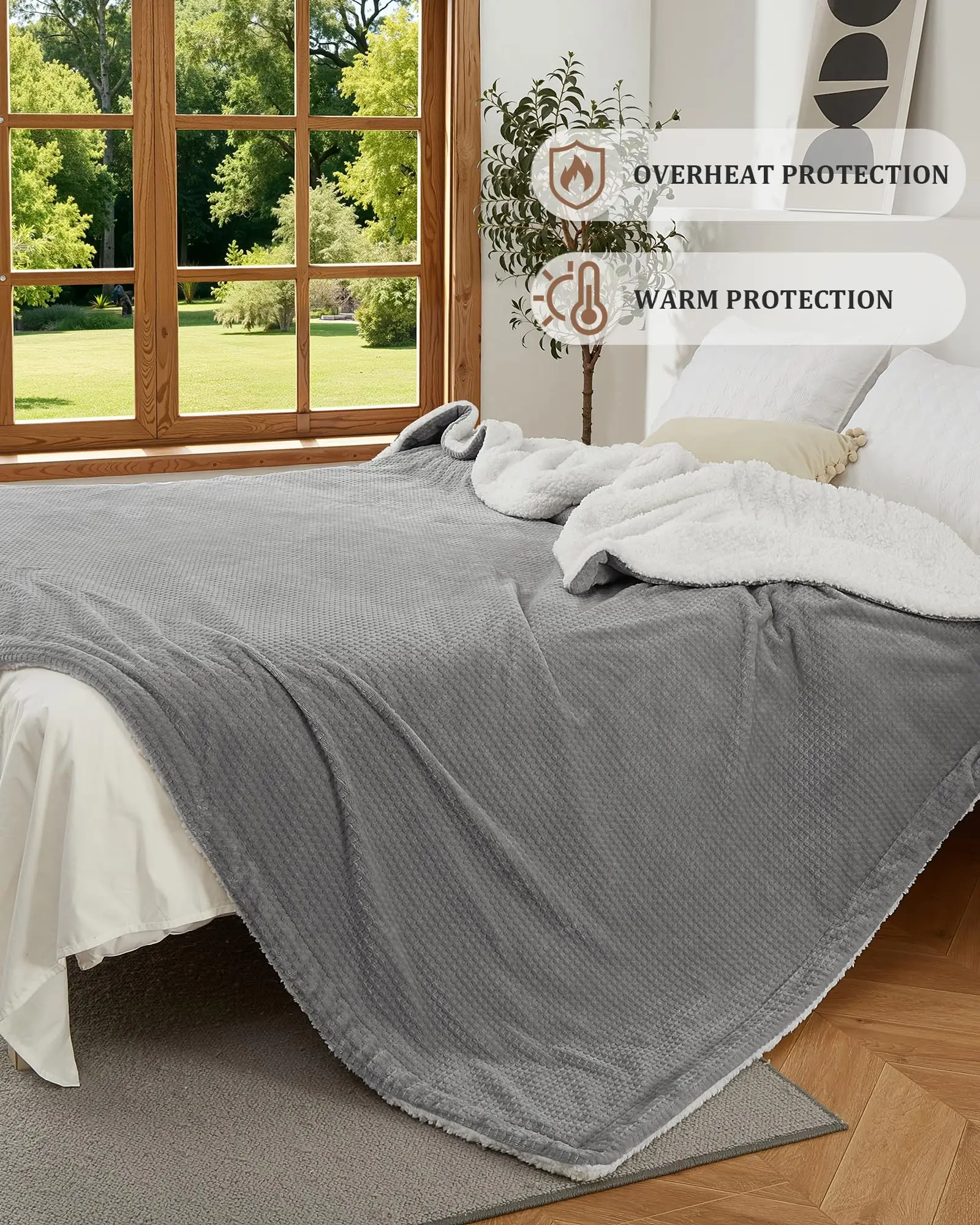 Queen Size Heated Blanket – Dual Control, Soft Flannel Electric Throw, 4 Heat Levels, 10-Hour Auto Off, ETL Certified, Machine Washable – Grey/Purple/White