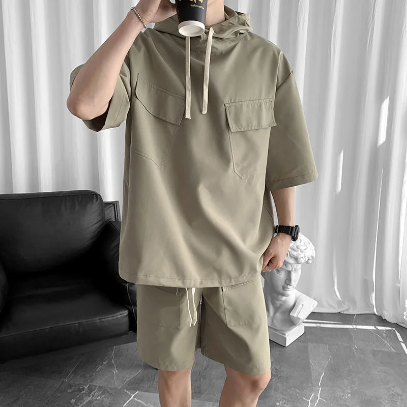 New Men's Summer Youth Hooded Pullover Short-Sleeved Suit Sports And Leisure Lace-Up Shorts Two-Piece Set y2k Clothes