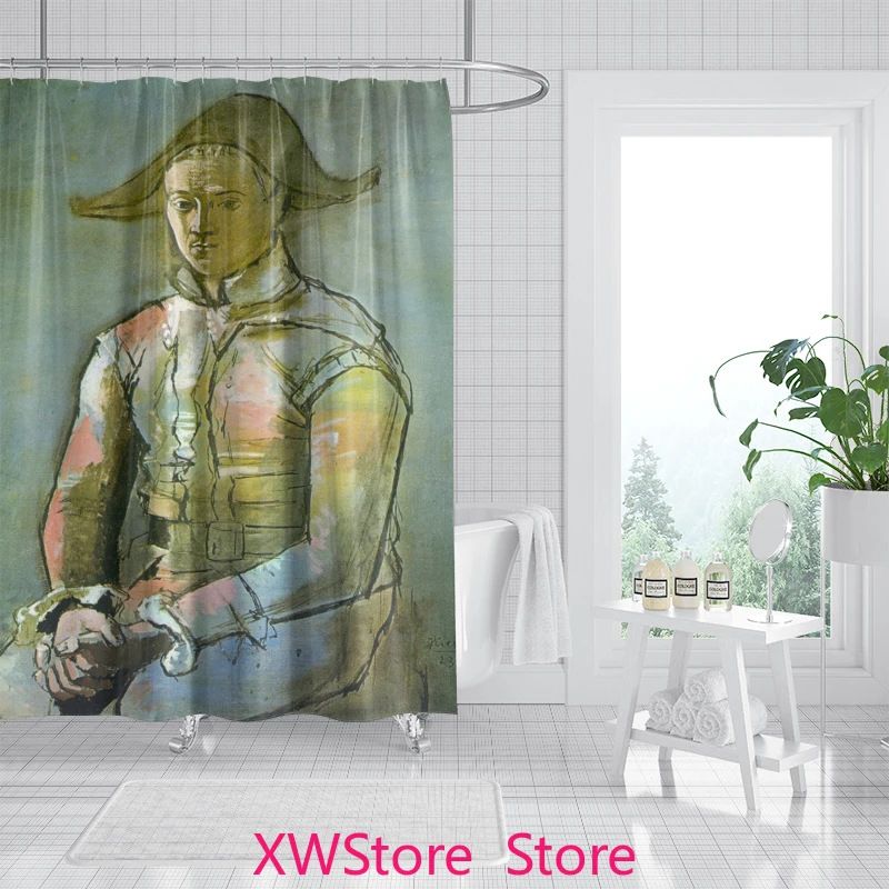 

Black and White Portrait Painting Shower Curtain, Minimalist Bathroom Style Waterproof and Mildew Resistant