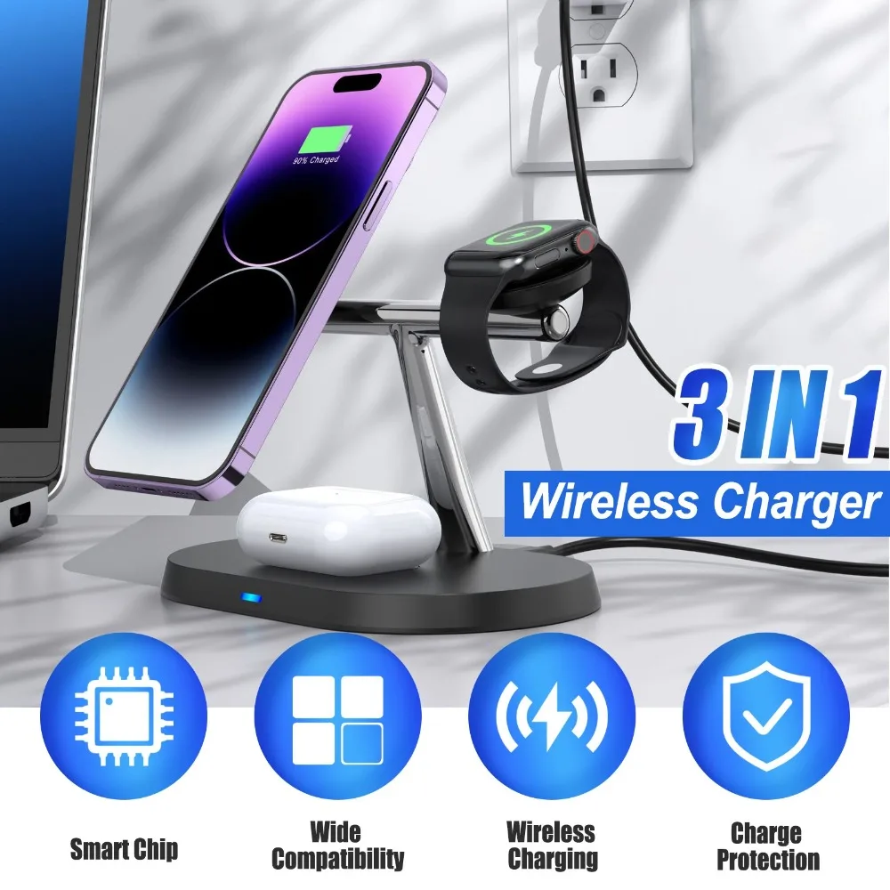 3-in-1 Magnetic Wireless Charger Phone Holder For Magsafe iPhone 17~12 Samsung Xiaomi Apple Watch Airpods Pro 4/3 Fast Charging