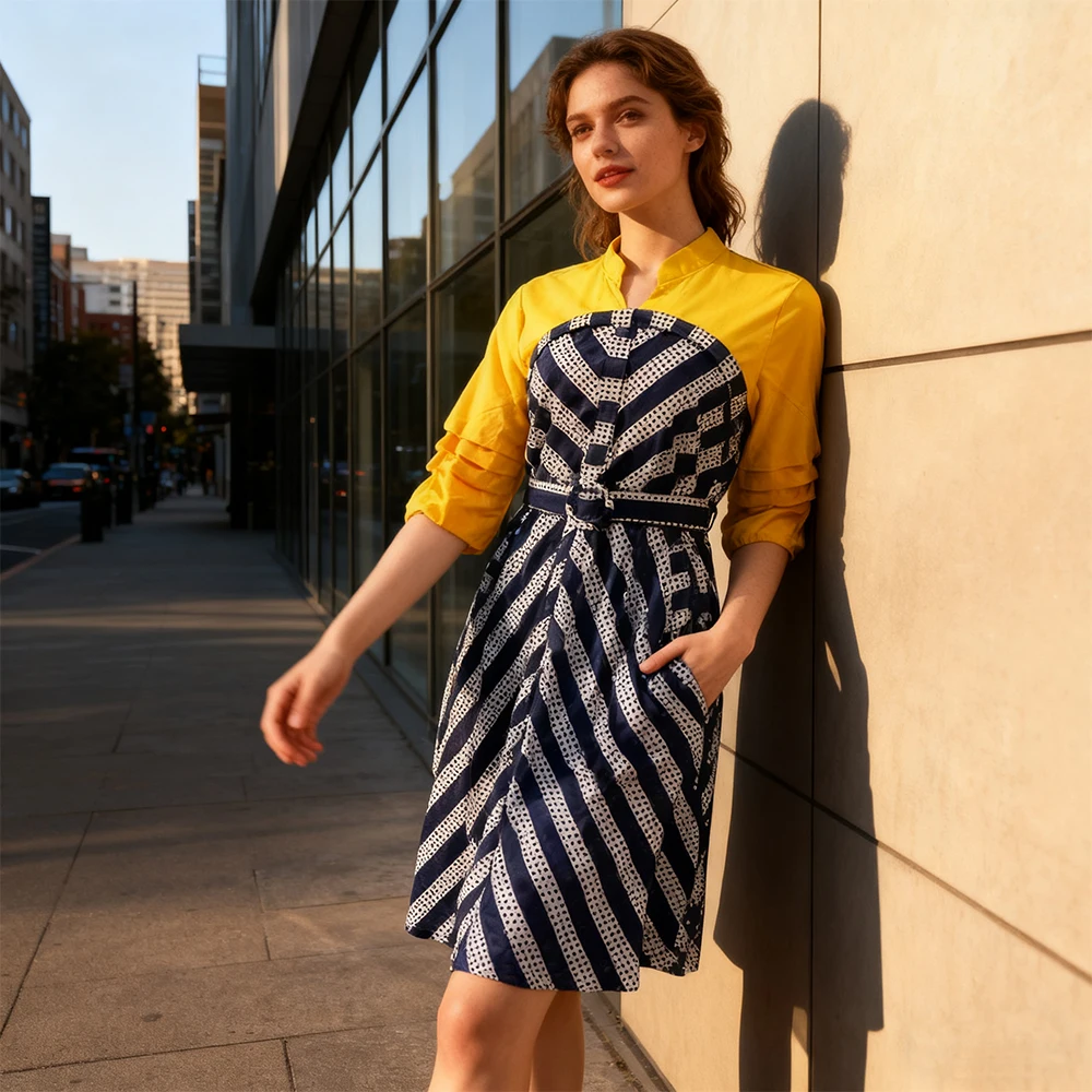 

Новое стильное женское платье больших размеров в африканском стиле с воротником-стойкой и пышными рукавами и большим подолом с принтом и карманом