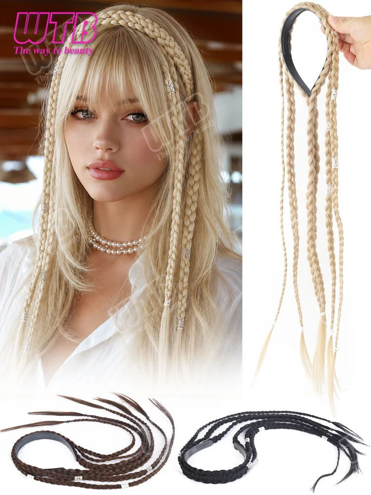Hairband Wig Synthetic Braided Hairband Wig with Small Braids and Silver Accessories Suitable for Women's Daily Wear and Holiday