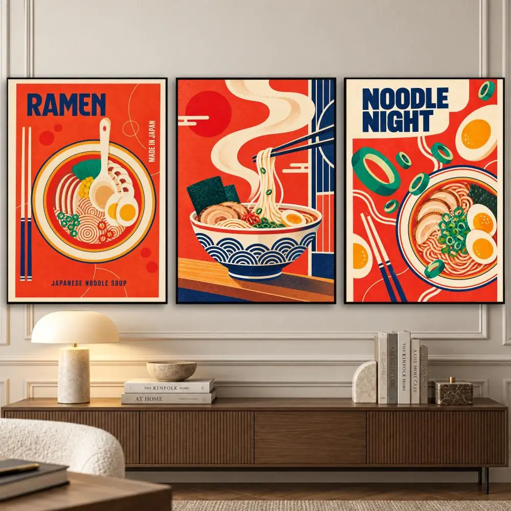 Ramen Bowl Painting Calligraphy 3 PCS Vintage Fashion Canvas Wall Art Prints for Living Room Decor