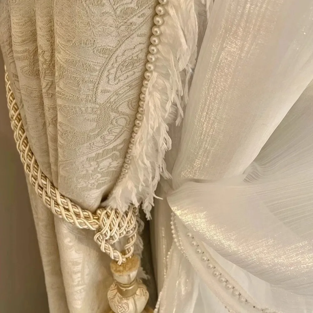 French Romantic Cream Curtains for Living Room Bedroom Dining Relief Retro Blackout High Precision Pearl Plume Custom Size Tulle