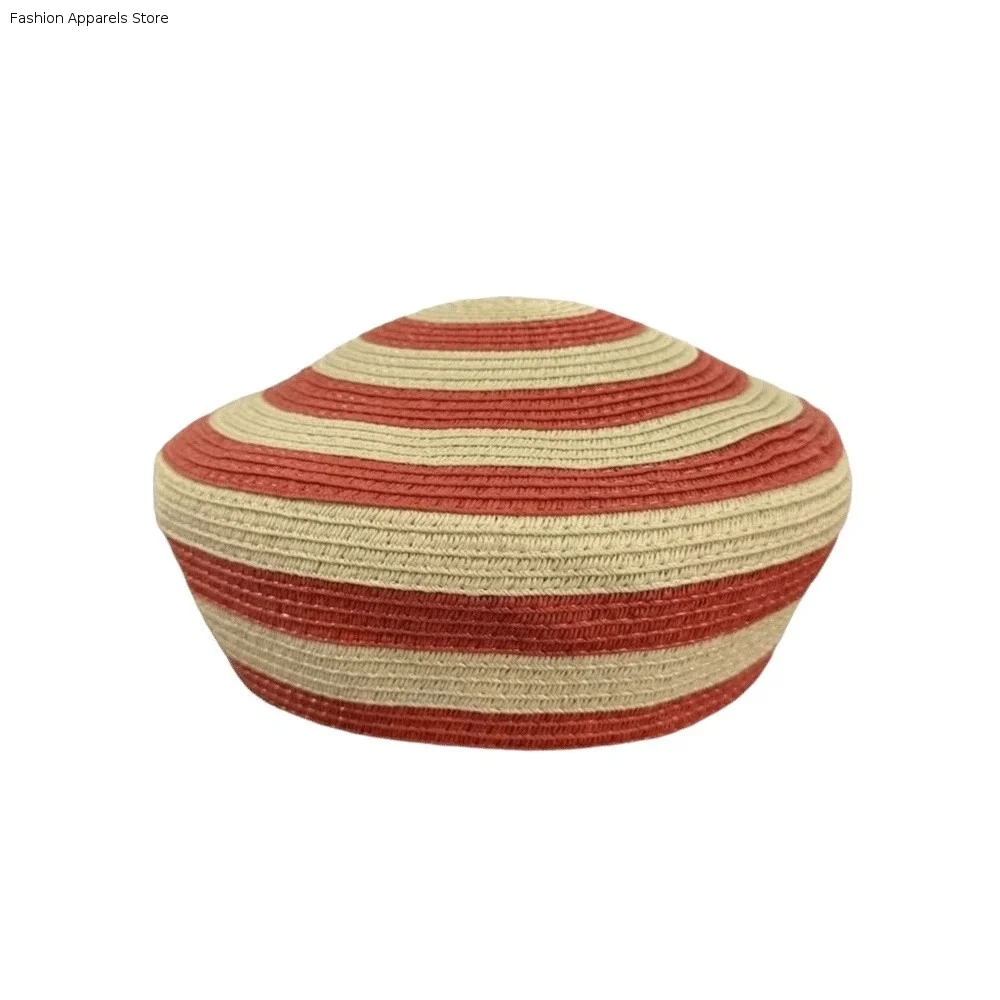 

Beach Cap Striped Pattern Straw Top Hat Color Block Paper Straw Dome Cap Breathable Weave Wide Brim Sun Hat Beach Vacation