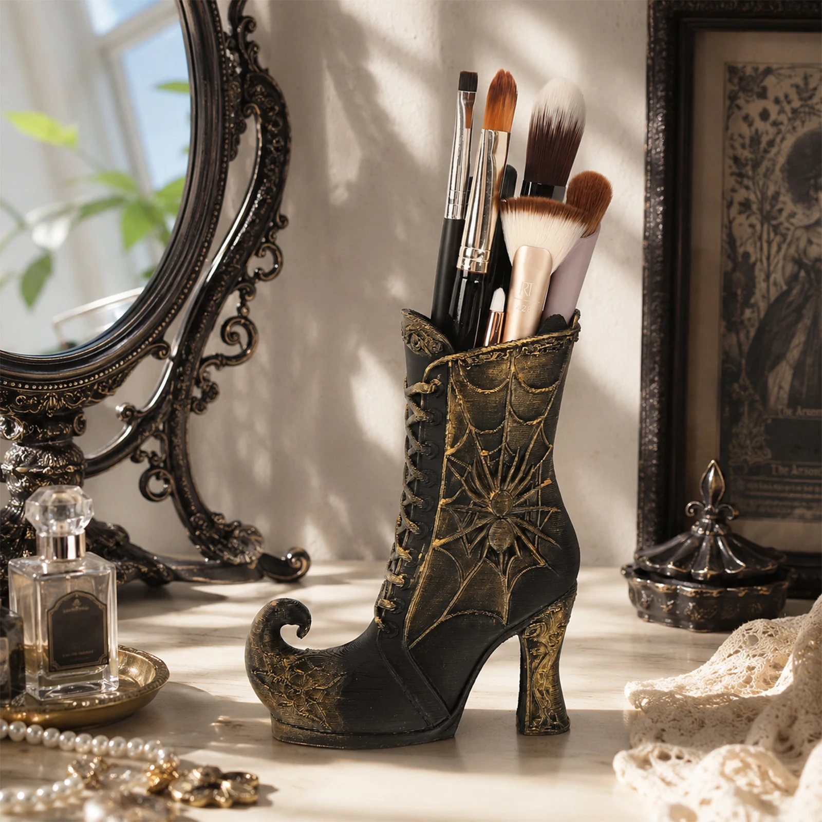 Cross-border Supply Vintage Gold Spider Witch Boot Makeup Brush Holder Gothic Resin Pen Container Halloween Vanity Decor Ornamen